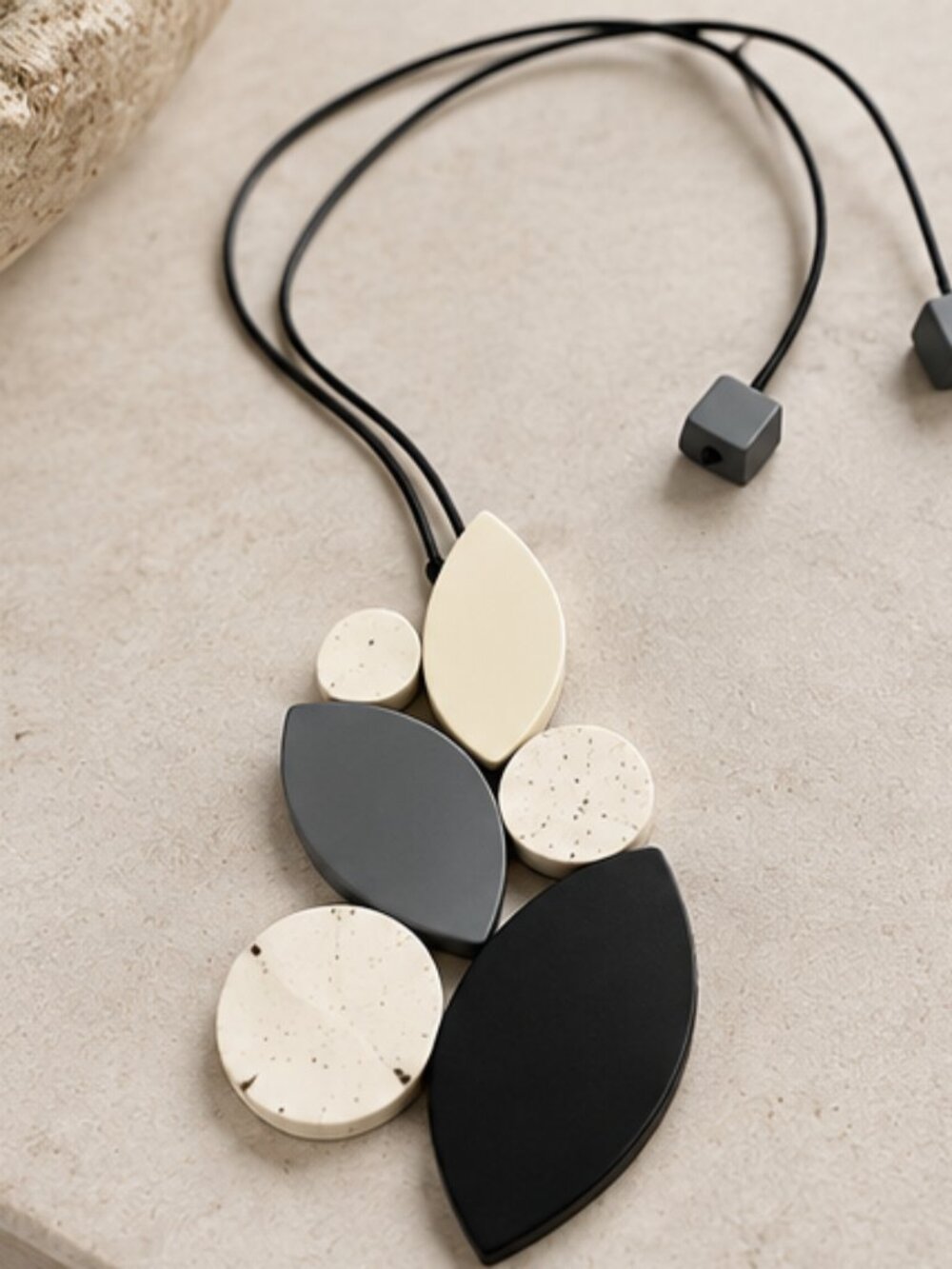 Geometric Statem Necklace Black Gray Cream Modern Wood Resin NWOT